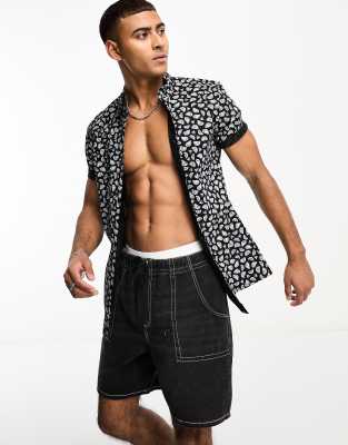 Asos Design Stretch Slim Shirt In Navy Fruit Print