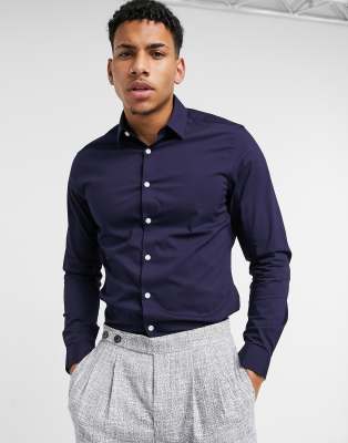 Asos Design Stretch Slim Shirt In Navy