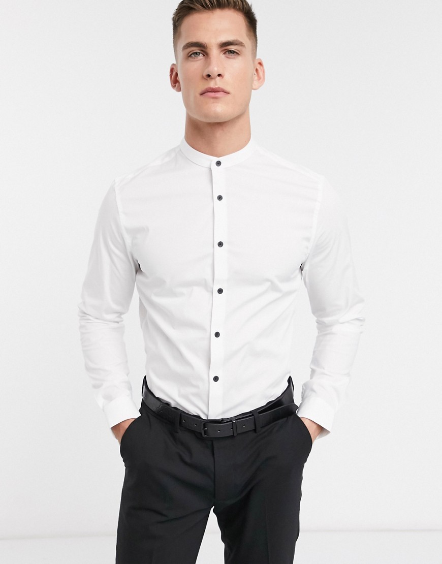 ASOS DESIGN stretch slim shirt in white with grandad collar and contrast buttons