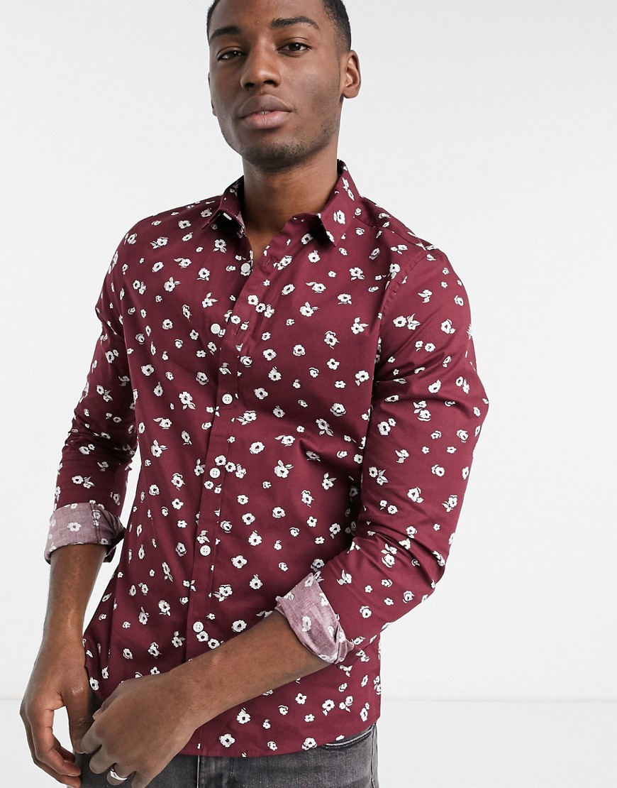 ASOS DESIGN stretch slim shirt with all over print in burgundy-Red