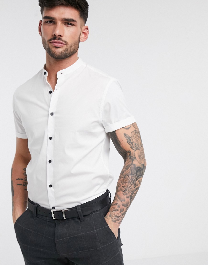 ASOS DESIGN stretch slim shirt with grandad collar in white with contrast buttons