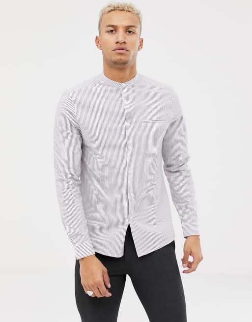 Asos Design Stretch Slim Smart Stripe Shirt With Grandad Collar Asos 3783