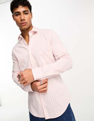 ASOS DESIGN stretch slim work shirt in pink check | ASOS