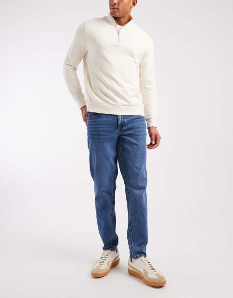 ASOS DESIGN stretch tapered jeans in mid wash blue