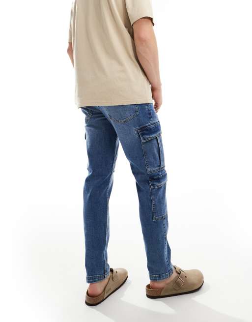 Mid Blue Wash Cargo Pocket Detail Wide Leg Jeans