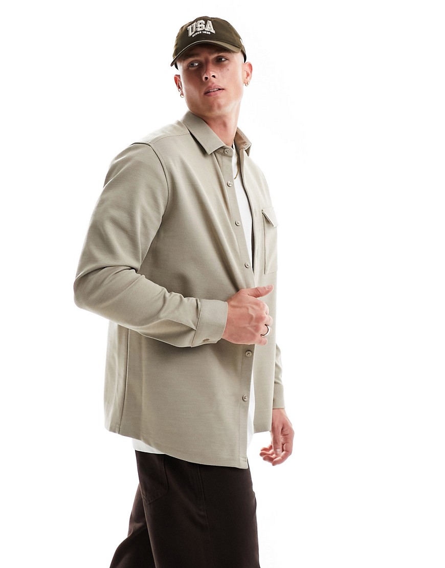 ASOS DESIGN stretch textured boxy overshirt in oatmeal-Neutral