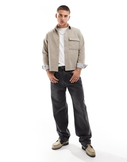 ASOS DESIGN stretch textured boxy overshirt in oatmeal, 3 of 4