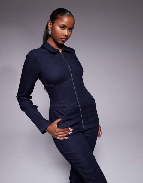 ASOS DESIGN - Stretchdenim jumpsuit met korsettaille in inktblauwe wassing - view 1
