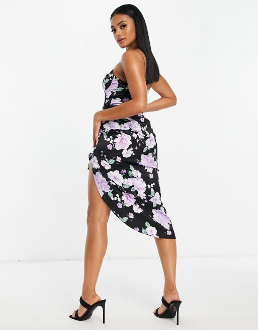 ASOS DESIGN stretched satin cami midi bodycon dress with ruched side detail in dark floral print ASOS