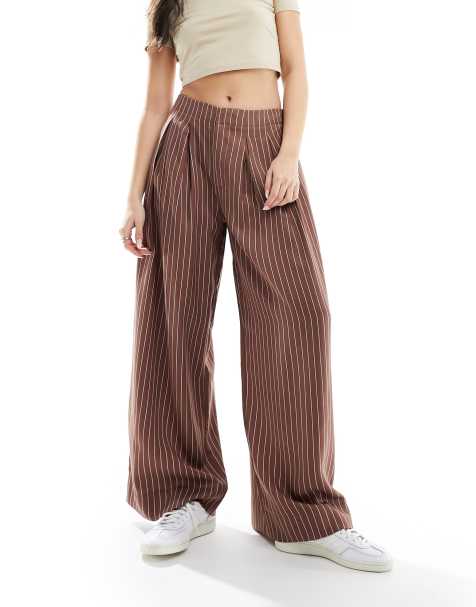 ASOS DESIGN - Stribede bukser med vide ben og plisseringer i terrakottabrun - view 1