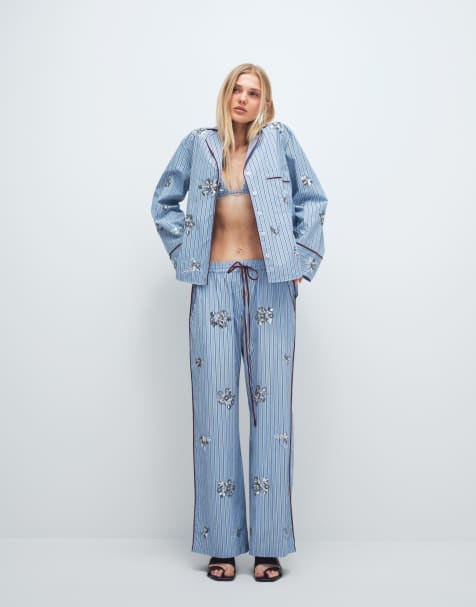 ASOS DESIGN - Stribede pyjamasbukser med udsmykning - Del af sæt - view 1
