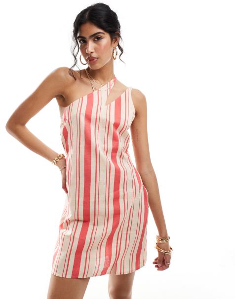 ASOS DESIGN - Stribet oneshoulder-minisundress i hør med strop - view 1