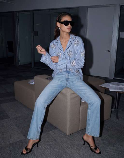 ASOS DESIGN - Stribet pyjamasskjorte med udsmykninger - Del af sæt, 10 af 11