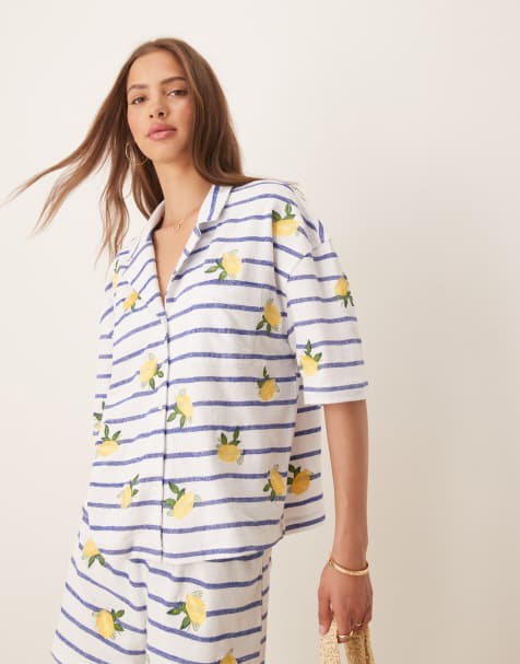 ASOS DESIGN - Stribet skjorte med revers og citronbroderi - view 1