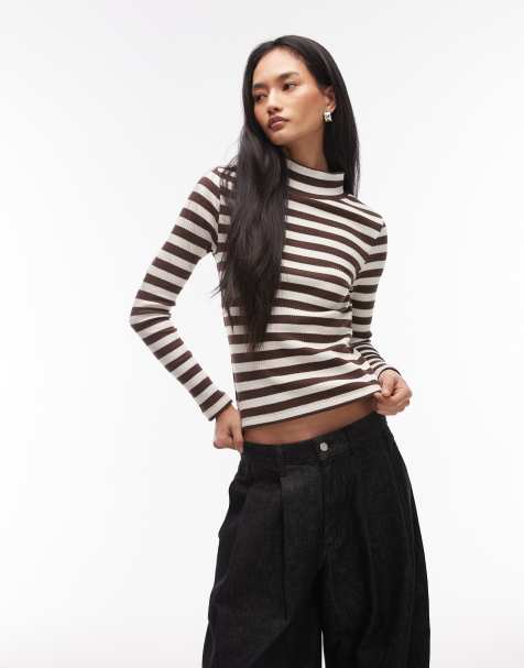 ASOS DESIGN - Stribet top med ståkrave og lange ærmer i strikket pointelle - view 1