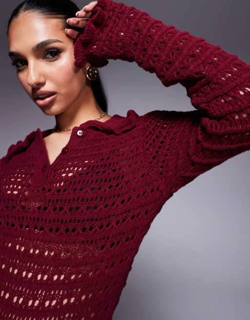ASOS DESIGN – Strick-Body in Burgunderrot mit Naht- und Rüschendetails, 3 von 4