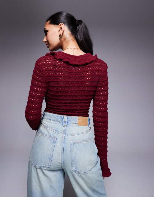 ASOS DESIGN – Strick-Body in Burgunderrot mit Naht- und Rüschendetails, 4 von 4