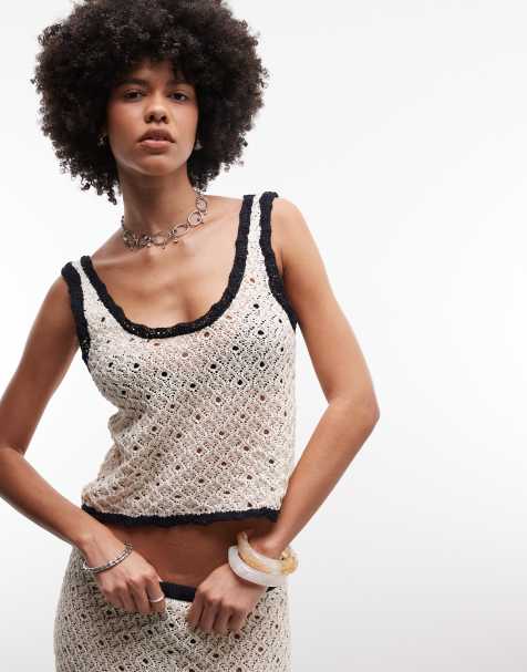 ASOS DESIGN – Strick-Camisole in Weiß mit Kontrastdetails in Schwarz, Kombiteil - view 1