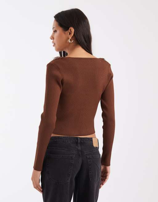 ASOS DESIGN Strick-Cardigan mit Spitzenbesatz in Schokobraun, 2 von 4