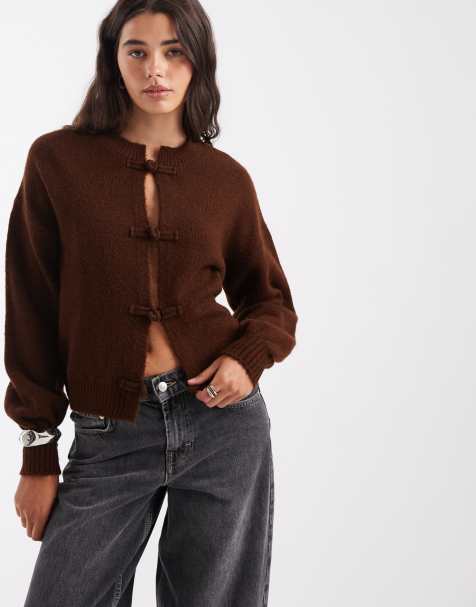 ASOS DESIGN Strick-Cardigan mit Stehkragen-Detail in Schokobraun - view 1