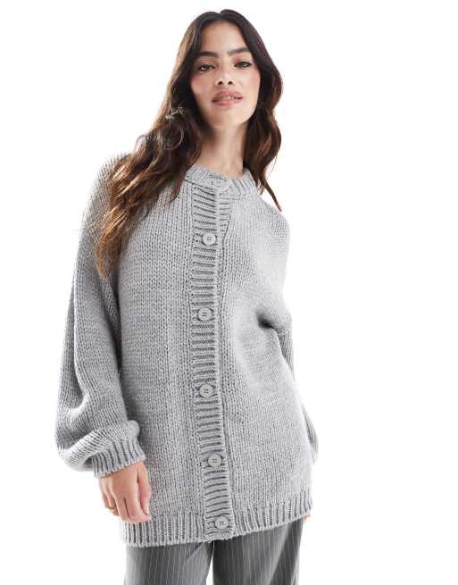 ASOS DESIGN – Strick-Hemdjacke in Hellgrau mit Rundhalsausschnitt