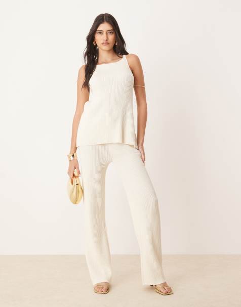 ASOS DESIGN – Strick-Hose mit weitem Bein aus Flammengarn in Creme, Kombiteil - view 1