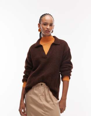 ASOS DESIGN - Strick-Polohemd aus Wollmix in Mokka-Brown