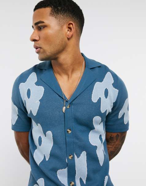 ASOS DESIGN – Strick-Polohemd in Blassblau geblümt, Kombiteil - view 1