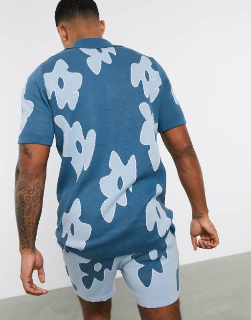ASOS DESIGN – Strick-Polohemd in Blassblau geblümt, Kombiteil, 2 von 4