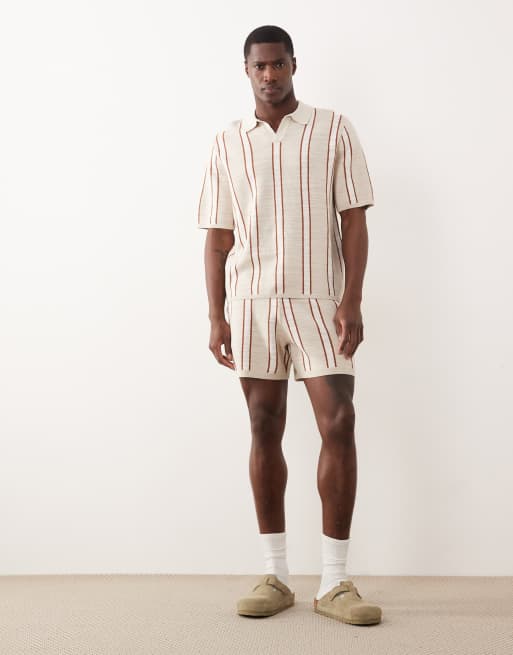 ASOS DESIGN – Strick-Polohemd in Steinbeige und Ecru gestreift mit eingekerbtem Ausschnitt im Relaxed-Fit, Kombiteil, 2 von 5