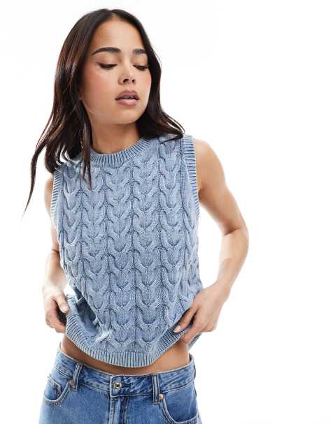 ASOS DESIGN – Strick-Pullunder mit Zopfmuster in gewaschenem Blau - view 1