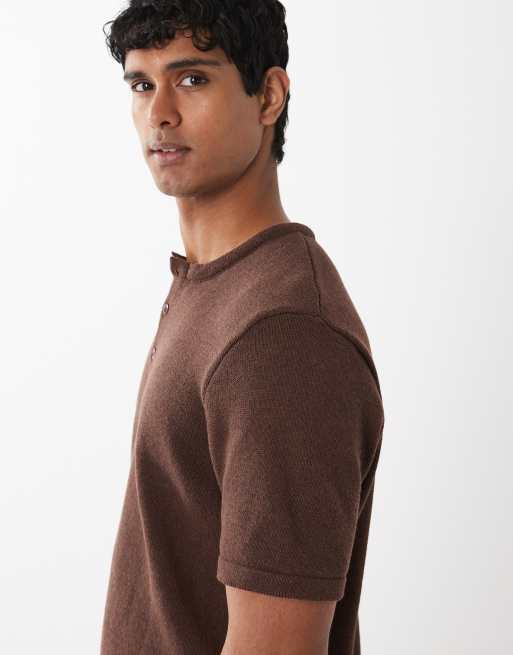 ASOS DESIGN – Strick-Shirt in Braun mit Henley-Ausschnitt, Kombiteil, 3 von 5