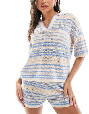 ASOS DESIGN - Strick-Strandhemd in Blau und Creme mit Oversize-Passform, Kombiteil-Bunt