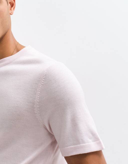 ASOS DESIGN – Strick-T-Shirt aus reiner Merinowolle in Hellrosa meliert mit Rundhalsausschnitt, 2 von 5