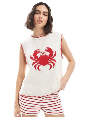 ASOS DESIGN - Strick-Tanktop in Ecru mit Krabben-Grafik-Bunt