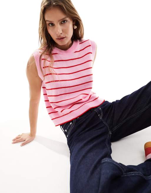 ASOS DESIGN – Strick-Tanktop in Rosa und Rot mit Streifen