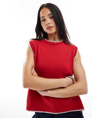 ASOS DESIGN - Strick-Tanktop in Rot mit Kontrast-Languettenstich