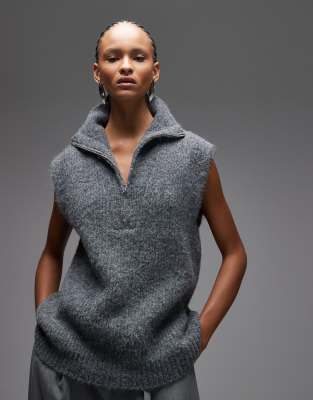 ASOS DESIGN - Strick-Tanktop mit Wollanteil in Anthrazit mit durchgehendem Reißverschluss-Grau