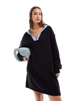 ASOS DESIGN - Strickhemdkleid mit Rugby-Stil in Minilänge-Marineblau