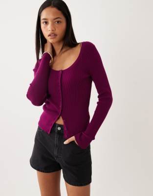 Strickjacke aus Baumwollmix in Pflaume mit weitem U-Ausschnitt-Lila Lila XS