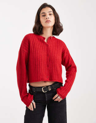 ASOS DESIGN - Strickjacke aus breitem Rippstrick in Rot mit Rollsaum-Grün