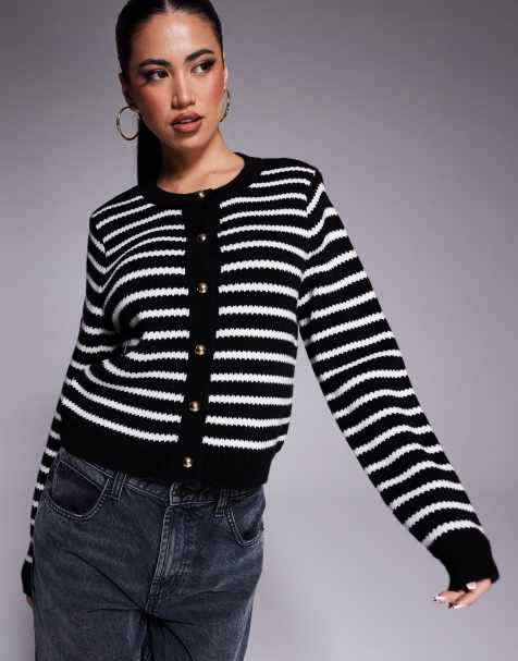 ASOS DESIGN – Strickjacke aus Kompaktstrick in Schwarz-Weiß gestreift mit goldenen Knöpfen - view 1