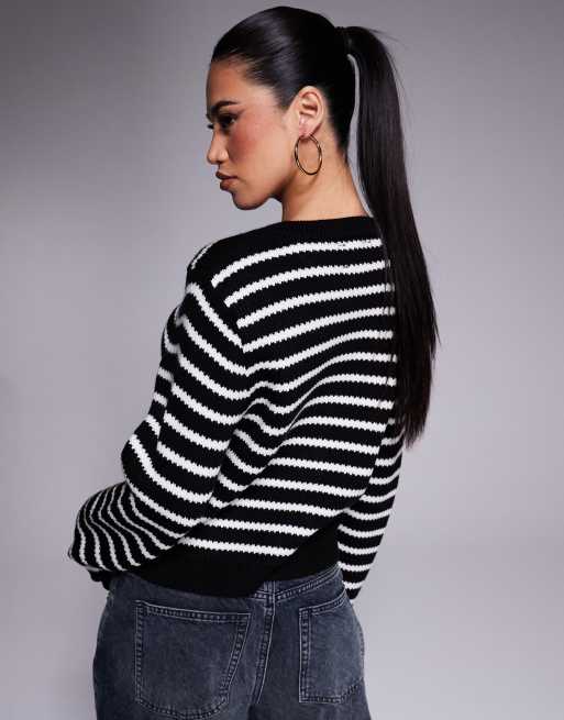 ASOS DESIGN – Strickjacke aus Kompaktstrick in Schwarz-Weiß gestreift mit goldenen Knöpfen, 3 von 4