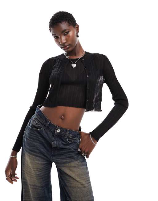 ASOS DESIGN – Strickjacke aus transparentem Garn in Schwarz mit Knopfleiste vorne, Kombiteil