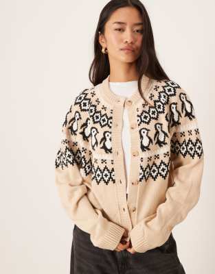 ASOS DESIGN - Strickjacke in Beige mit Passe und Pinguin-Details-Neutral