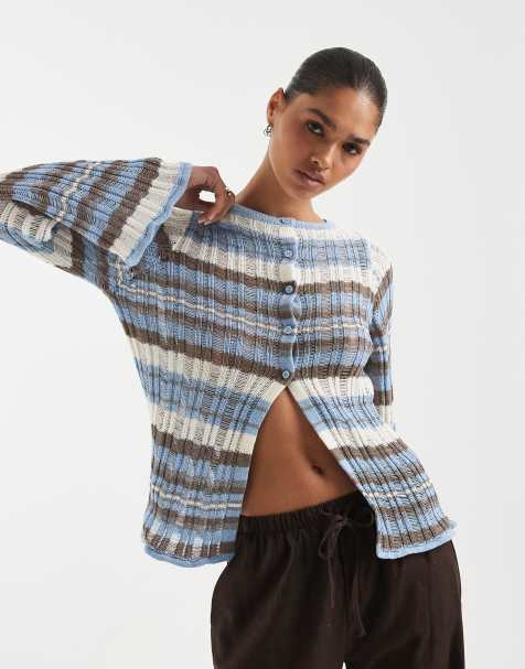 ASOS DESIGN – Strickjacke in gestreiftem Blau mit Laufmaschenstruktur - view 1