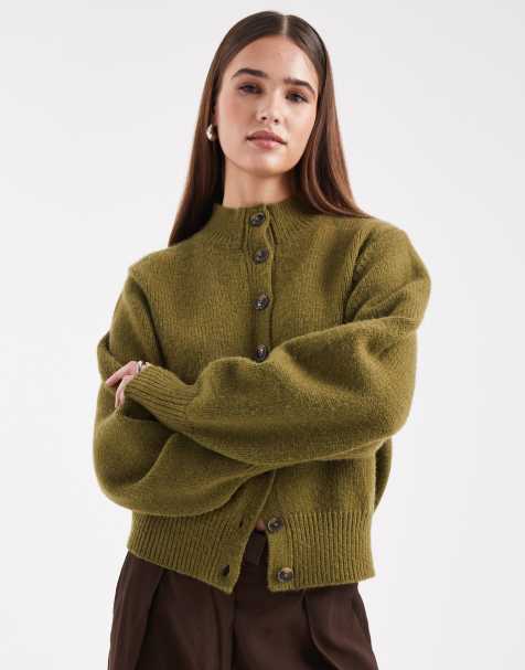 ASOS DESIGN – Strickjacke in Grün mit hohem Rundhalsausschnitt - view 1
