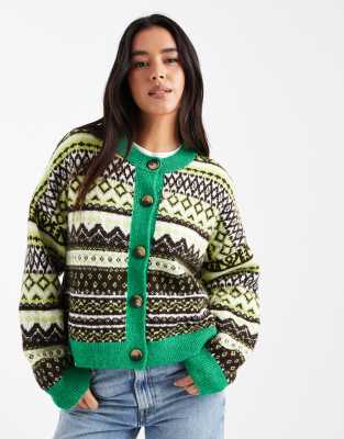 ASOS DESIGN - Strickjacke in Grün mit Norwegermuster