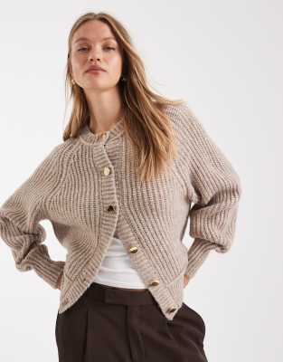 ASOS DESIGN - Strickjacke in Hellbeige mit gerippter Struktur im Seemannslook und Raglan-Detail-Neutral