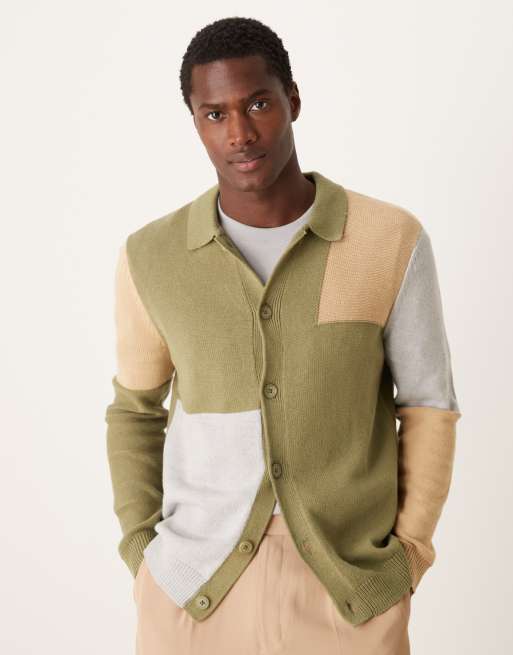 ASOS DESIGN – Strickjacke in Khaki mit Farbblock-Design, durchgehender Knopfleiste und Kragen